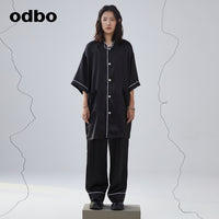 odbo 夏日套装休闲长裤显瘦睡衣风v领设计感衬衫高级感女装冷淡风