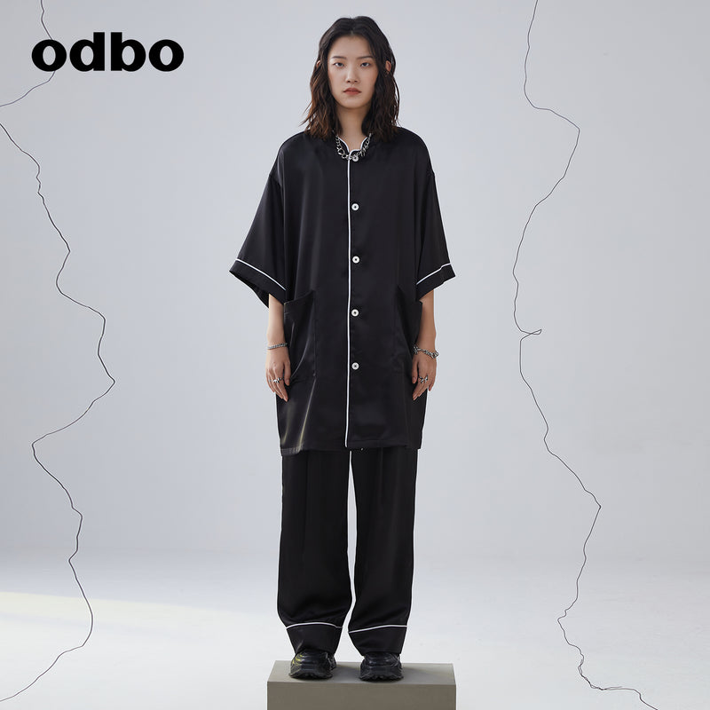 odbo 夏日套装休闲长裤显瘦睡衣风v领设计感衬衫高级感女装冷淡风