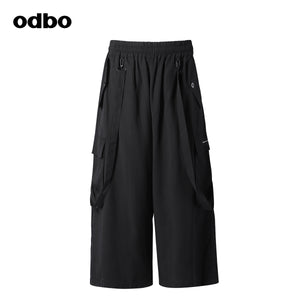 Odbo天絲棉工裝風鬆緊高腰黑色闊腿休閒七分褲女寬鬆夏可拆織帶