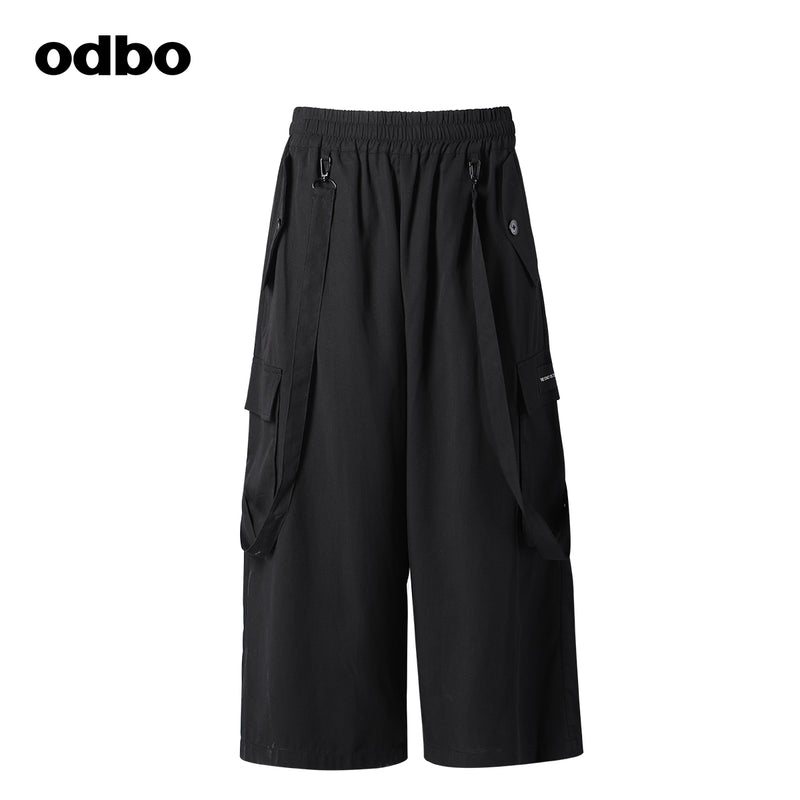 Odbo天絲棉工裝風鬆緊高腰黑色闊腿休閒七分褲女寬鬆夏可拆織帶