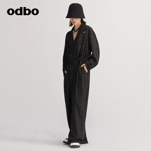 Odbo原創品牌時尚西裝領連體褲女秋冬2022年新款中長款寬鬆闊腿褲