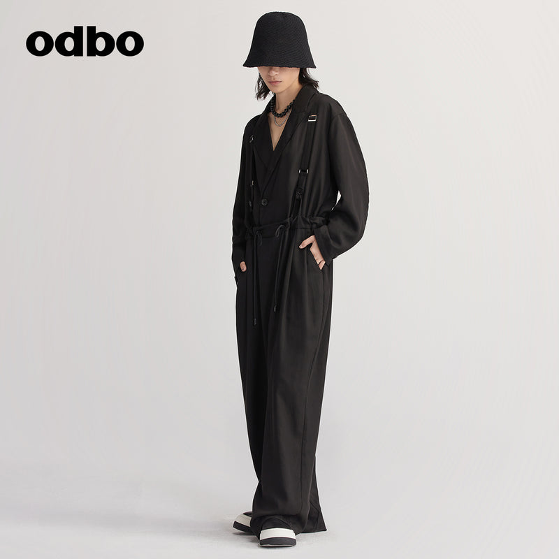Odbo原創品牌時尚西裝領連體褲女秋冬2022年新款中長款寬鬆闊腿褲