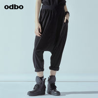 Odbo潮牌百搭吊襠褲女夏季新款鬆緊高腰哈倫褲黑色顯瘦卷邊垮褲