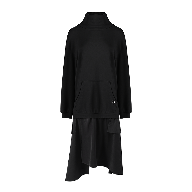 【商場同款】odbo/歐迪比歐春裝2022新款假兩件高領黑色連衣裙子