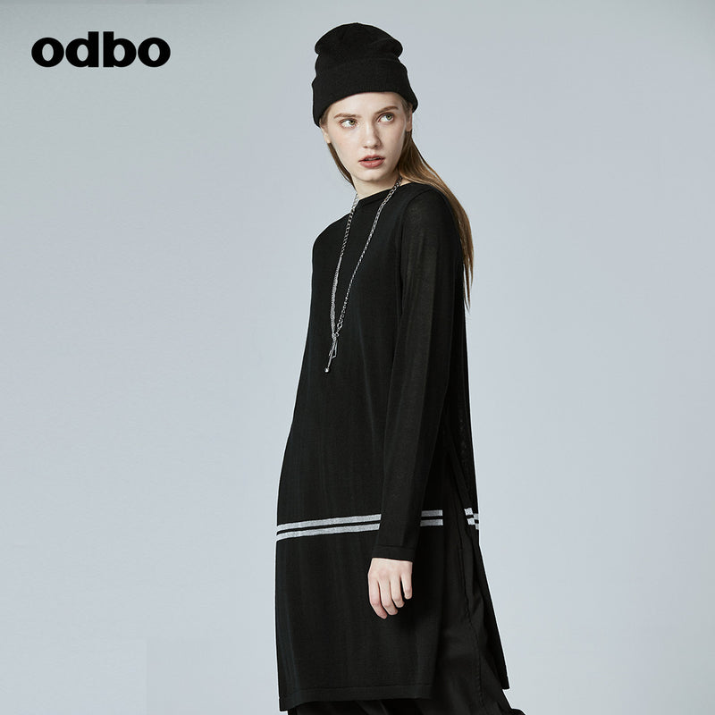 Odbo/歐迪比歐專櫃同款設計師品牌20夏女圓領中長款長袖針織上衣