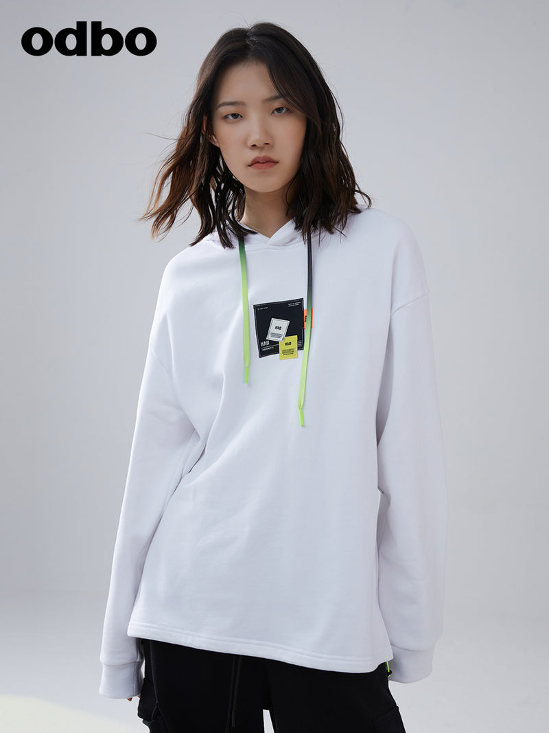 Odbo秋冬2022年新款情侶款休閒氣質白色連帽衛衣女設計感小眾上衣