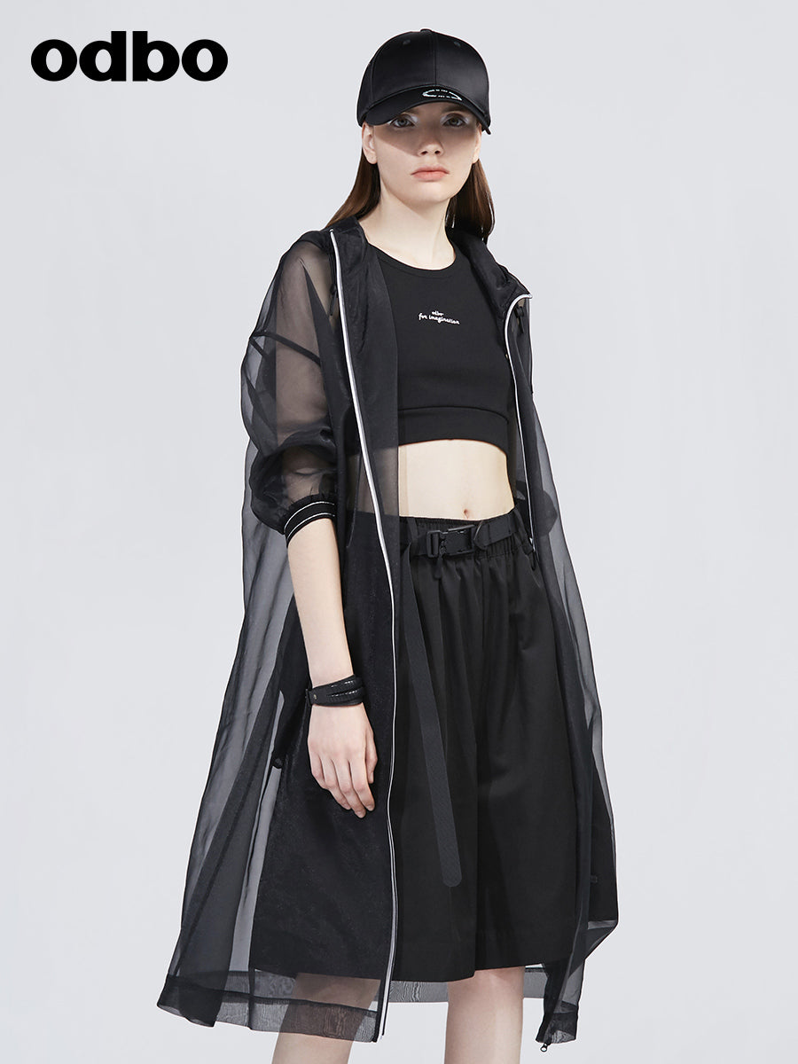 Odbo連帽中長款防曬衣女2022年春夏新款透氣百搭長袖網紗薄外套