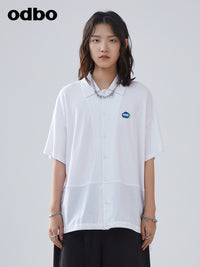 odbo 森女系上衣襯衣 2022夏 短袖拼接 中長白色襯衫