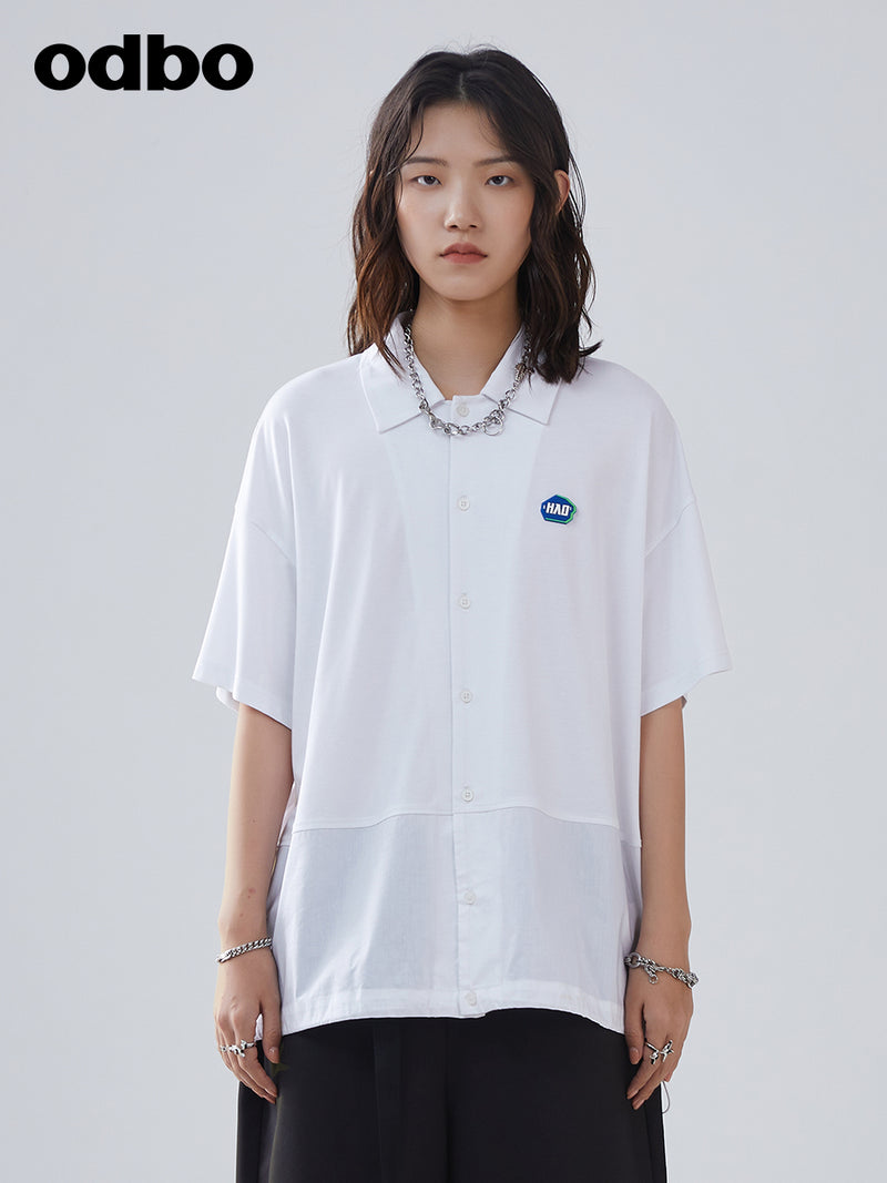 odbo 森女系上衣襯衣 2022夏 短袖拼接 中長白色襯衫