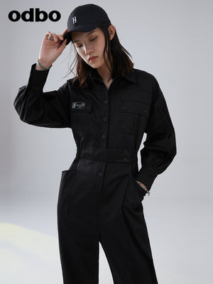 odbo 2022年新款 工裝連體褲 女 收腰百搭 束腳褲