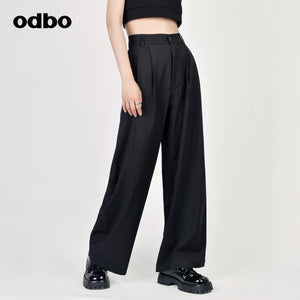 Odbo高腰垂感闊腿西褲女夏季薄款氣質黑色顯瘦顯高拖地休閒長褲