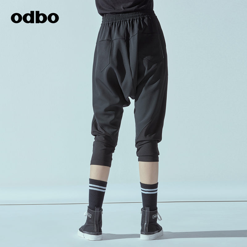 Odbo鬆緊高腰抽繩運動七分哈倫褲女春夏黑色百搭寬鬆顯瘦吊襠褲
