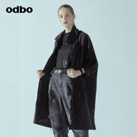odbo 原創設計 中長款 工裝連帽外套 女2022新款 印花抽身收腰風衣