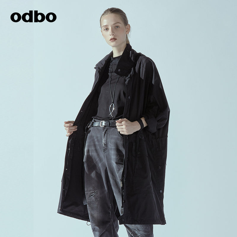 odbo 原創設計 中長款 工裝連帽外套 女2022新款 印花抽身收腰風衣