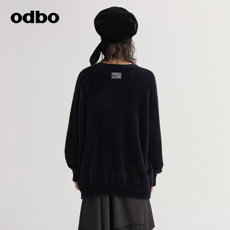 【商場同款】odbo/歐迪比歐秋冬2022新款黑色針織衫女套頭毛衣