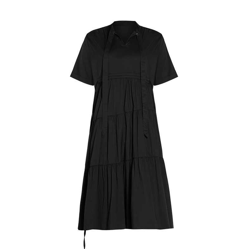 Odbo女神范氣質短袖V領黑色連衣裙女夏2022年新款寬鬆顯瘦小黑裙