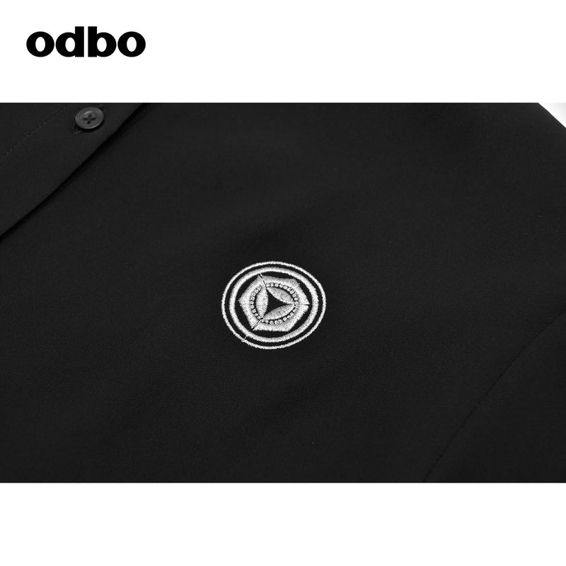Odbo 刺繡字母襯衫式荷葉邊連衣裙女早秋新款氣質顯瘦黑色短袖潮