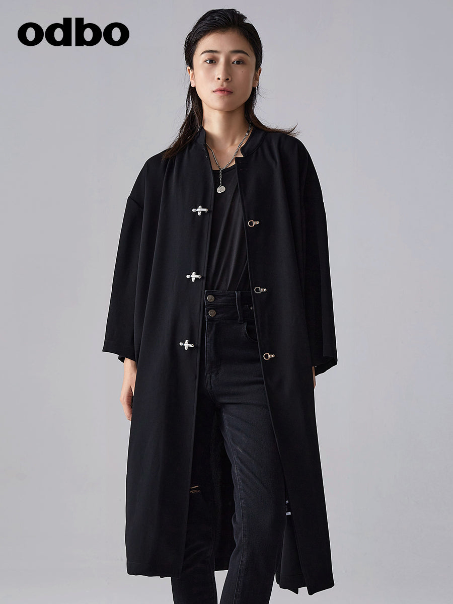 【商場同款】odbo/歐迪比歐春裝2022新款女潮流黑色中長風衣外套