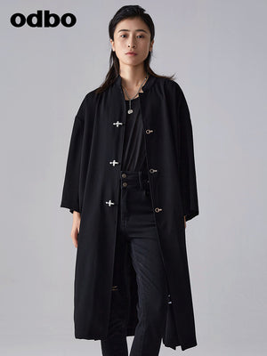 【商場同款】odbo/歐迪比歐春裝2022新款女潮流黑色中長風衣外套