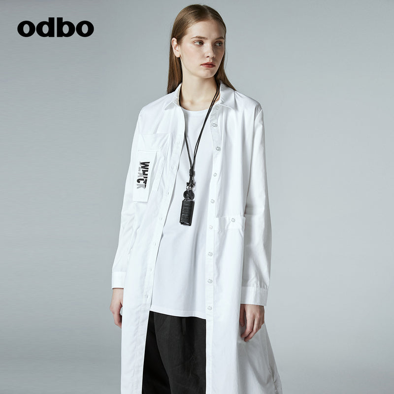 Odbo/歐迪比歐專櫃同款設計師品牌新款女簡約中長氣質襯衫外套