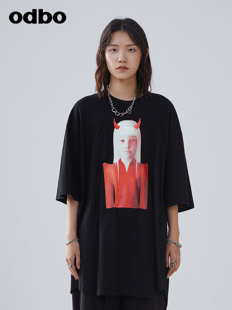 Heardbyodbo2022年夏季新款潮牌五分袖印花T恤女寬鬆中長休閒上衣