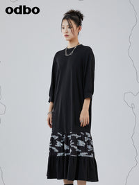 Odbo logo滿印拼接七分袖連衣裙女夏季2022年新款過膝高腰長裙潮