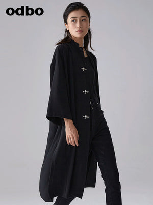 【商場同款】odbo/歐迪比歐春裝2022新款女潮流黑色中長風衣外套