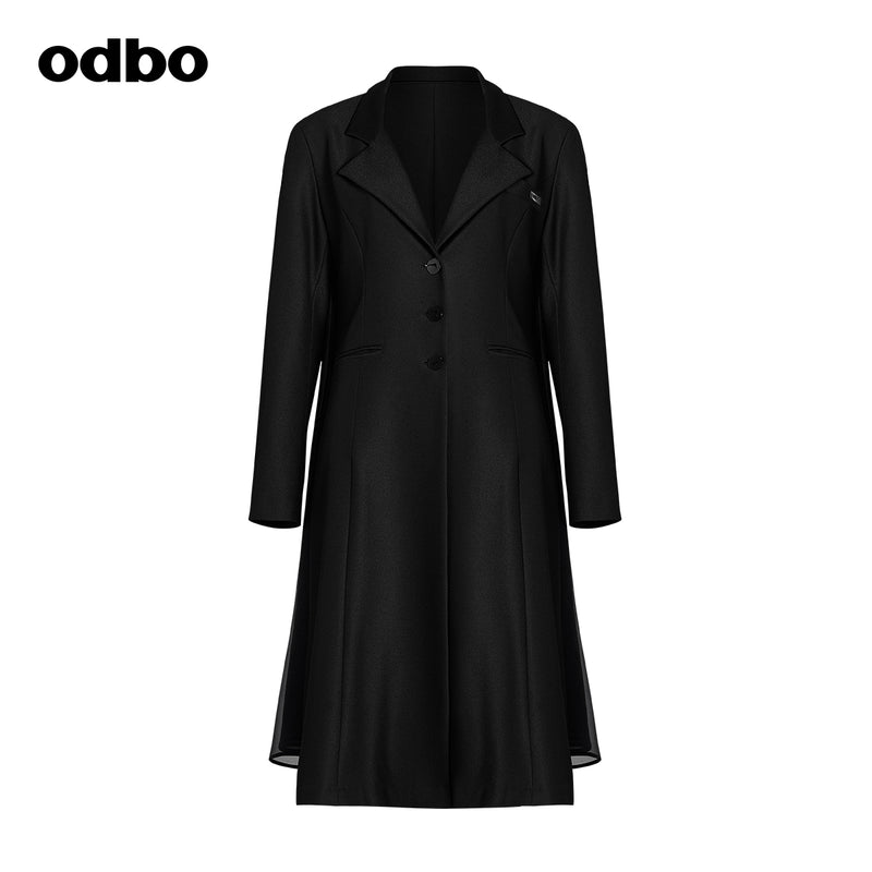 Odbo網紗拼接長款西裝外套女春秋冬2022年新款黑色氣質顯瘦上衣