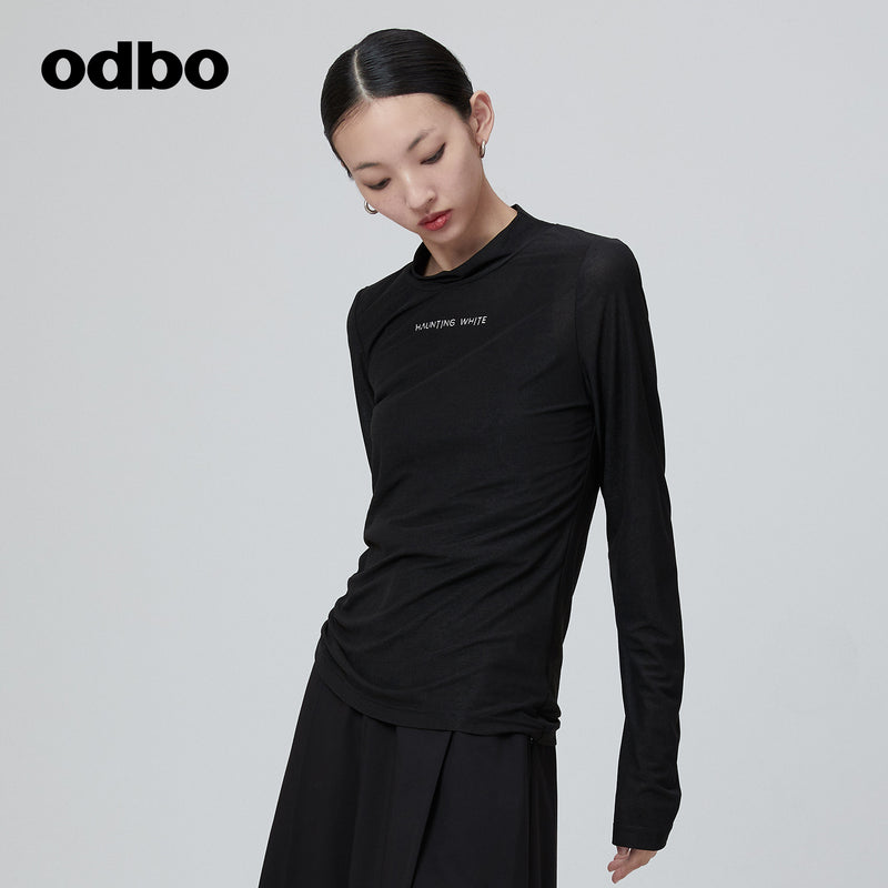 Odbo 煙管領抽繩設計長袖t恤女夏季2022年新款舒適百搭休閒上衣