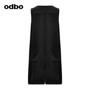 Odbo無袖連體褲女早秋氣質時尚2022新款黑色寬鬆顯瘦圓領卷邊潮