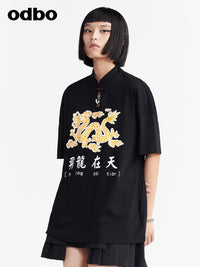Heardbyodbo國潮盤扣設計創意印花短袖T恤女夏季純棉寬鬆黑色