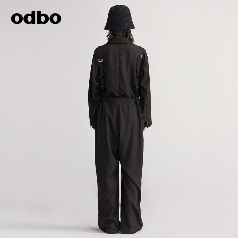 Odbo原創品牌時尚西裝領連體褲女秋冬2022年新款中長款寬鬆闊腿褲