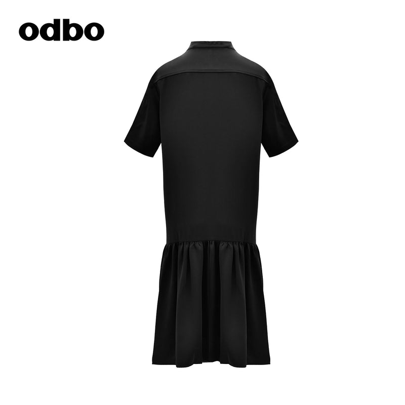 Odbo 刺繡字母襯衫式荷葉邊連衣裙女早秋新款氣質顯瘦黑色短袖潮